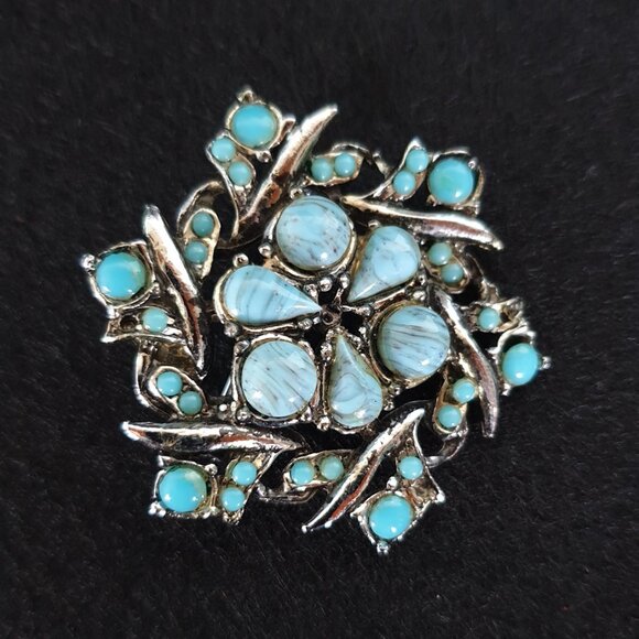 Vintage 1970s Turquoise Marbled Art Glass Pinwheel Floral Silver-Tone Brooch - Picture 9 of 11